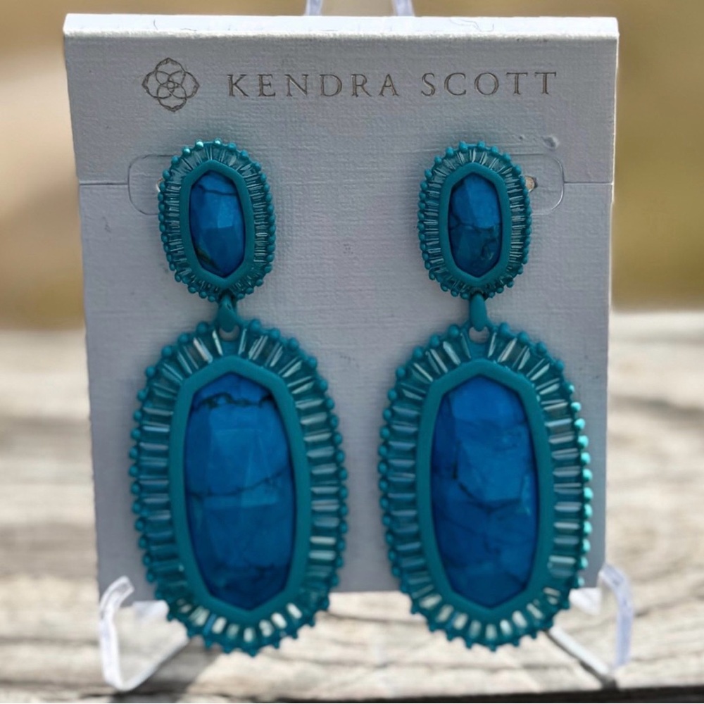 Rare & Retired Kendra Scott Kaki Statement Earrings – Teal Howlite – HTF